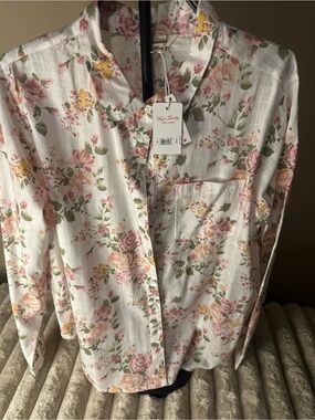 Lucky Brand White Button-Up Shirt with Pink & Green Floral Print